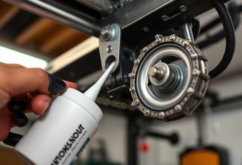 Professional garage door chain mechanism maintenance with proper lubrication technique