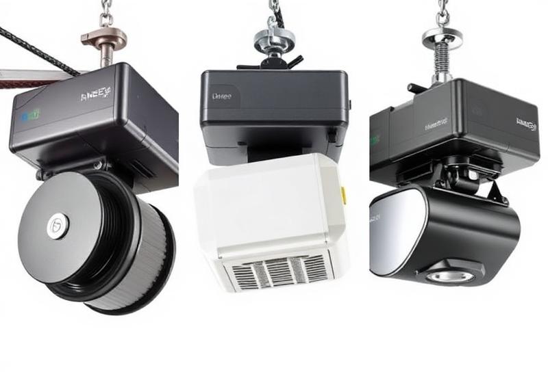 Three different garage door opener types comparison showing chain drive belt drive and screw drive systems
