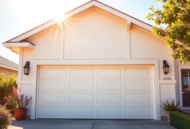 Beautiful white garage door on sunny summer day with bright sunshine on residential home