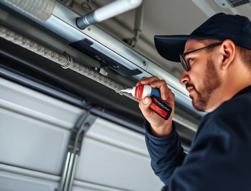 Professional garage door maintenance service showing certified technician at work