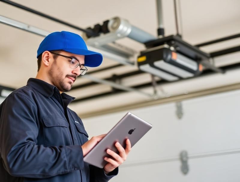 Trail Garage Doors certified technician performing professional inspection with digital tablet